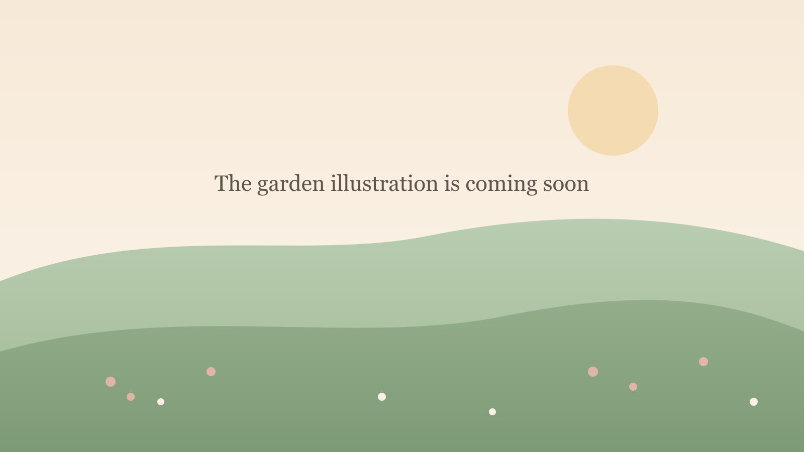 A painted storybook garden with soft green hills under a warm sky